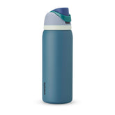 Owala FreeSip denim bottle front view showing design and capacity benefit