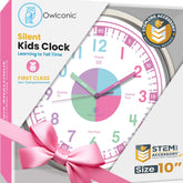 OWLCONIC front view pink learning clock shows color-coded numbers for easy reading