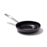 OXO front view of 8-inch frying pan showing sleek finish and practical shape benefits