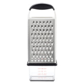 OXO box grater front view showing all four stainless surfaces and container for easy prep