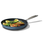 OXO front view of storm blue 12-inch skillet showing shape and finish, durable cooking
