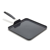 OXO griddle front view showing black finish and compact shape for easy storage