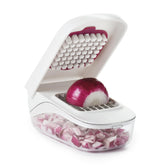 OXO front view of chopper showing compact design and easy pouring benefit