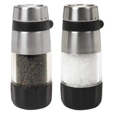 OXO Good Grips front view showing clear acrylic bodies and stainless accents, easy identification benefit