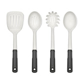 OXO Good Grips front view showing four oat‑colored utensils protecting cookware