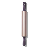 OXO front view of rolling pin showing barrel and handles, durable design benefit