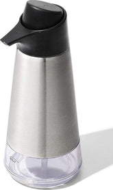OXO stainless steel dispenser front view showing sleek design and stability