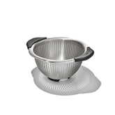 OXO Good Grips strainer front view showing sleek stainless steel and stable design benefit