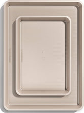 OXO half and quarter sheet pans front view showing durable construction and even heating benefit
