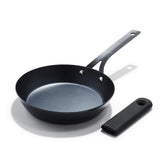 OXO Obsidian frying pan front view showing sleek black finish and sturdy handle for reliable cooking