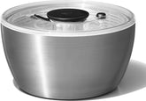 OXO front view stainless steel salad spinner showing sleek serving bowl benefit