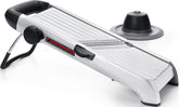 OXO mandoline front view showing full unit and benefits of versatility