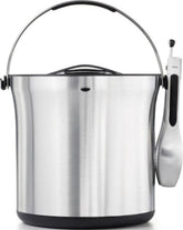 OXO SteeL ice bucket front view showing polished finish and capacity benefit