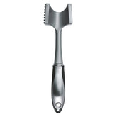 OXO steel meat tenderizer front view showing full length and balance benefit