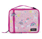 PackIt front view of unicorn sky pink lunch box showing design and handle benefit