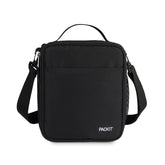 PackIt black crossbody lunch box front view showing sleek exterior and portability benefit