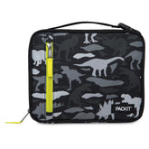 PackIt front view of Dino Camo Charcoal lunch box showing compact shape and pattern