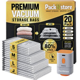 PackNstore front packaging showing full 20-pack set and pump benefit