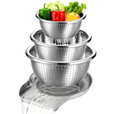 Palksky front view of three colanders on base showing tidy countertop draining