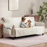 Pamhaven front view of ivory slipcover showing neat fit and protection
