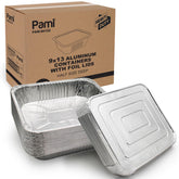 PAMI 9x13 pack front view showing included 25 heavy-duty pans and lids for convenience