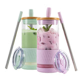 Pandaloo glass cup front packaging showing lilac sage colors and durability