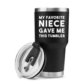 Panvola 30oz front view showing printed niece message and clear lid, gift appeal