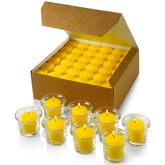 PARNOO front pack of 72 citronella votive candles showing volume and scent