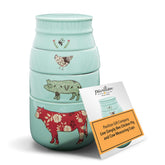 Pavilion Gift Company front view of four teal measuring cups showing animal designs and charm