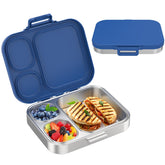 Pawtong front view of blue lunch box showing airtight lid and compact profile