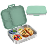 Pawtong front view of green bento box showing compact travel-ready design and leakproof promise