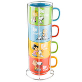 Peanuts front packaging showing four colorful mugs and metal rack, joyful display benefit