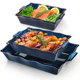 Peohud front view of blue bakeware set showing three sizes and serving benefit