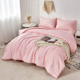 PERFEMET front view of pink pom pom comforter showing full set elegance