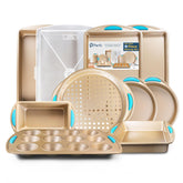 PERLLI front view of 10-piece bakeware set showing all included pans and gold finish for versatility