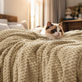 PHF queen fleece blanket front view showing khaki color and full coverage warmth