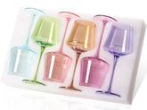 Physkoa front view of six multicolor wine glasses showing festive table presence and elegance