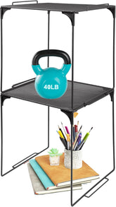 Piffny front view showing two black locker shelves and easy setup benefit