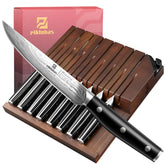Piklohas front view of eight steak knives with wooden holder showing elegant presentation and organization