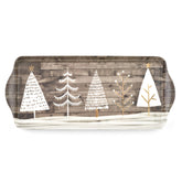 Pimpernel tray front view showing white tree graphic and wood print, enhances serving