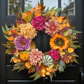 Pinkpuii front door wreath on entryway showing warm fall welcome