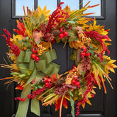 Pinkpuii front door wreath displayed on a wooden door, welcoming entry