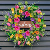 Pinkpuii front view of 24 inch wreath showing full lifelike florals and instant curb appeal