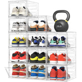 Pinkpum front view of 12-pack clear shoe boxes showing neat protection
