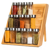 Pinnacle Cookery front view of bamboo spice rack showing tidy tiers and easy access