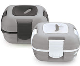 Pinnacle front view of two blue-green lunch boxes showing compact, portable design and color