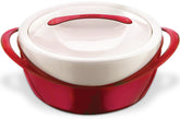 Pinnacle front view of red insulated casserole showing capacity and stylish look