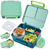PIQUEBAR front view of green bento lunch box showing sealed lid and latch for spill protection