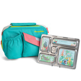PlanetBox Rover front view showing five compartments and durable finish benefit: organized meals