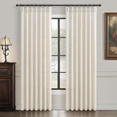 PleatedDrapes front view of two cream beige panels showing tailored finish and style